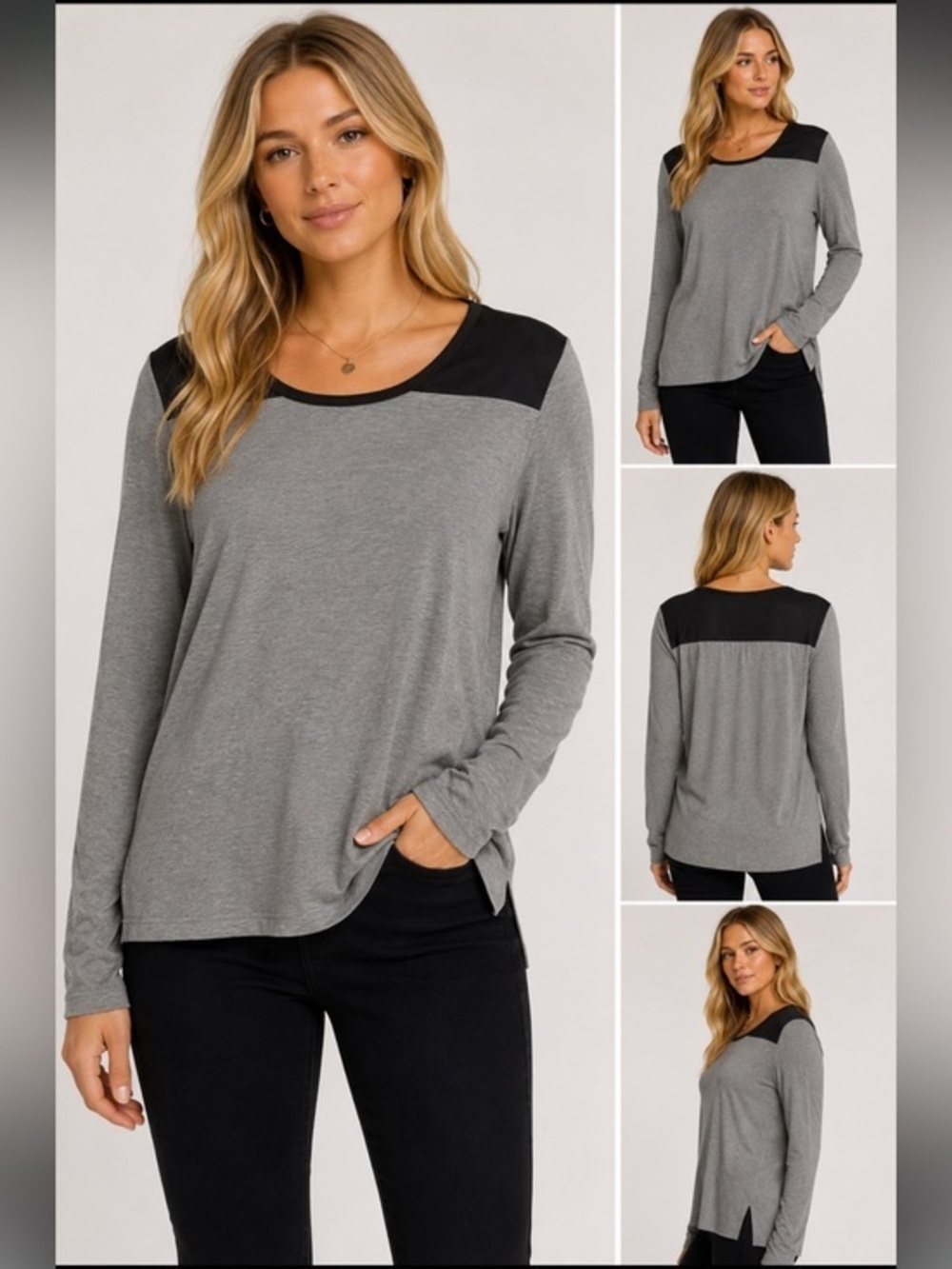 Vince Gray & Black Silk Trim Long Sleeve Tee Top Size Large 100% Rayon